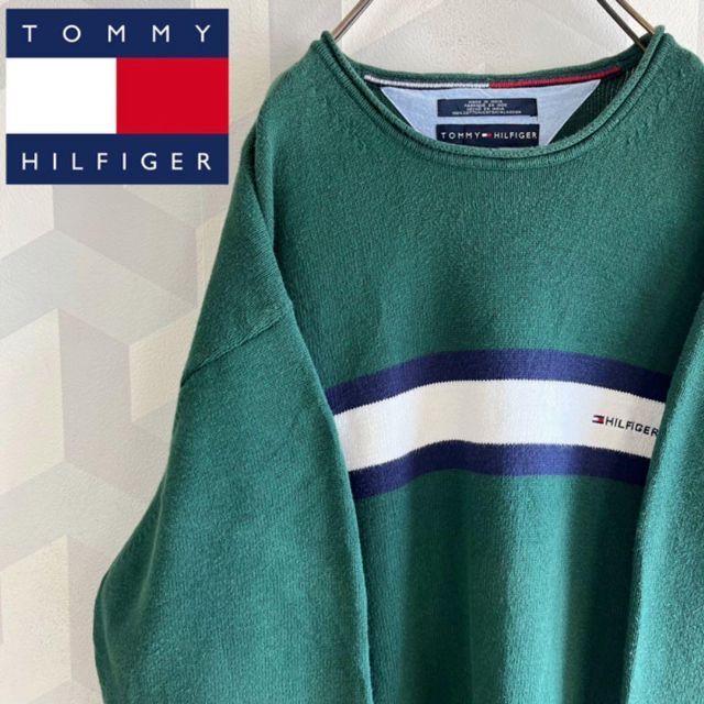 【トミーヒルフィガー】XLサイズ 刺繍春綿コットンニット緑スウェットトレーナー