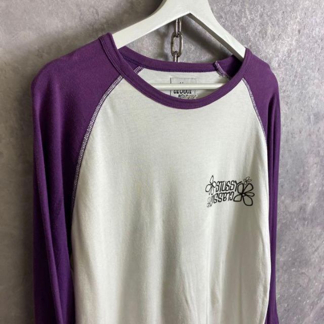 stussy ラグランシャツ　7分丈Tシャツ　グレー×ワインレッド　Lサイズ