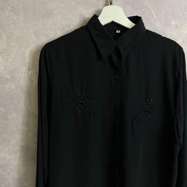ビンテージデザイン柄シャツ 黒 ブラック 刺繍 薔薇 90s レトロ