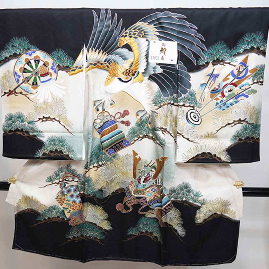お宮参り 産着 のしめ 男児 正絹 綸子地 金刺繍 黒地 鷹 NO37937 お お宮参り 産着 のしめ 男児 正絹 綸子地 金刺繍 黒地 鷹 NO37937 お