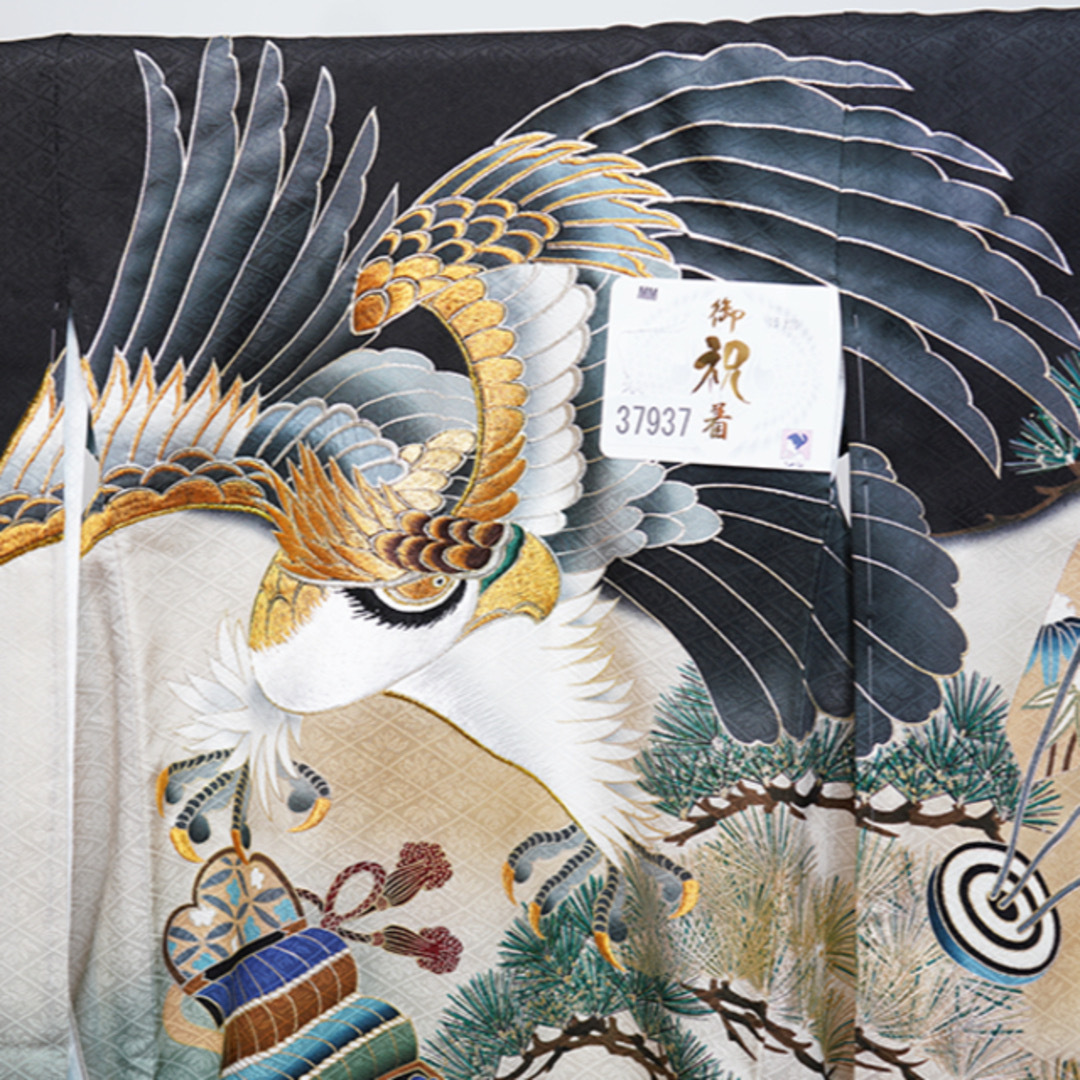 お宮参り 産着 のしめ 男児 正絹 綸子地 金刺繍 黒地 鷹 NO37937 お宮参り 産着 のしめ 男児 正絹 綸子地 金刺繍 黒地 鷹 NO37937