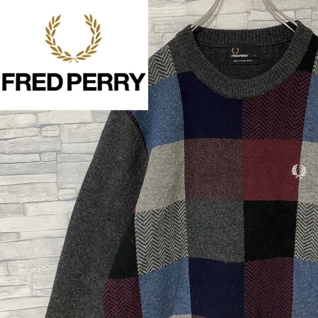 【レア柄】フレッドペリー　ニット セーター　刺繍ロゴ　マルチカラー　L