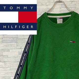 トミーヒルフィガー(TOMMY HILFIGER)の90s トミージーンズ　 ニット 刺繍ロゴ  サイドライン　グリーン　L(ニット/セーター)