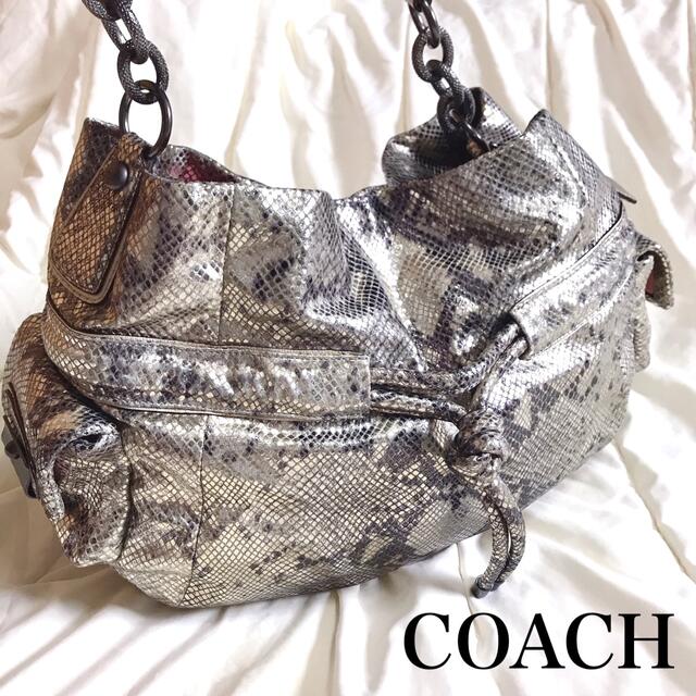 【極美品】希少 COACH ショルダーバッグ パイソン柄 ショルダーバッグ 銀22cm