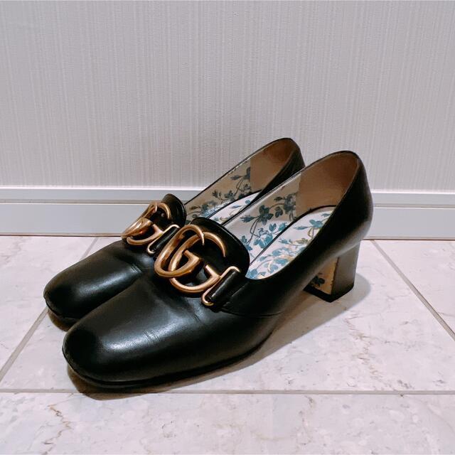 グッチ GUCCI GGマーモントスクエアトゥヒールパンプス 38 ブラック 黒