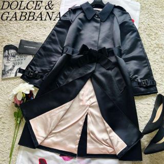 ドルチェアンドガッバーナ(DOLCE&GABBANA)の【美品】DOLCE&GABBANA サテンロングコート ウエストリボン付き 42(ロングコート)