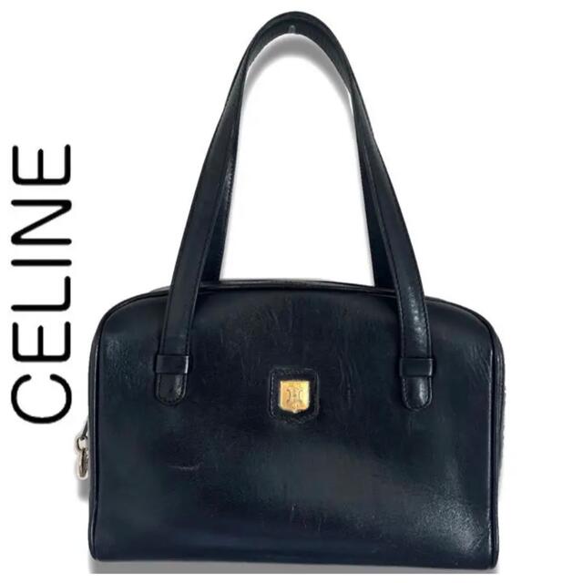 レディースceline セリーヌ　マカダム金具　ハンドバッグ  本革　レザー　ネイビー　紺