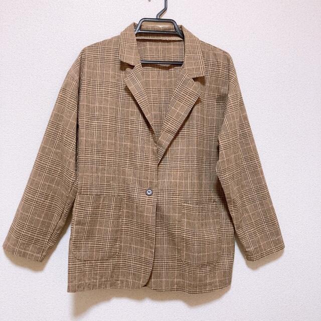 茶色ジャケット チェック 韓国服 レディースのジャケット/アウター(テーラードジャケット)の商品写真