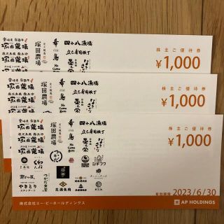 エーピーホールディングス株主優待券3,000円(レストラン/食事券)