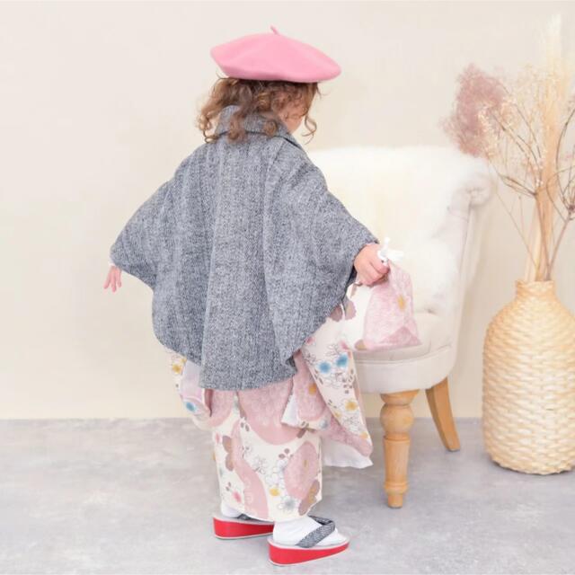 新品 【ピンクベージュの丸菊】七五三 753 着物 被布ポンチョ フルセット