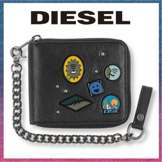 DIESEL 二つ折り財布　ピンバッチ ピンバッジ　チェーン ブラック