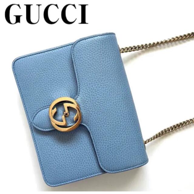 高い素材 グッチ GUCCI - Gucci  青 インターロッキング　ダラーカーフ　水色　ライトブルー ショルダーバッグ
