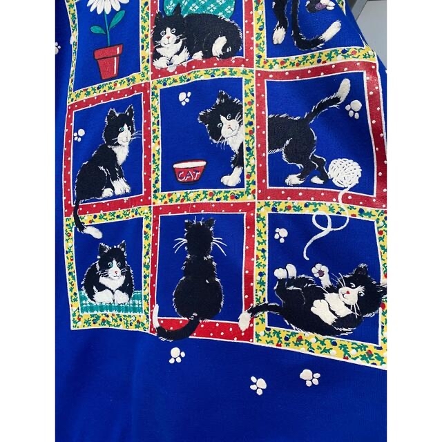 古着 ビンテージ 80s ネコ 猫 花 青 可愛い トレーナー スウェット 美品