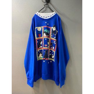 65㎝着丈ビンテージ 80s ネコ 猫 花 青 可愛い トレーナー スウェット 美品