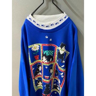 65㎝着丈ビンテージ 80s ネコ 猫 花 青 可愛い トレーナー スウェット 美品