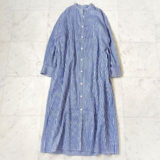極美品 21ss 23区 ストライプ ロングシャツワンピース 青×白 シルク混