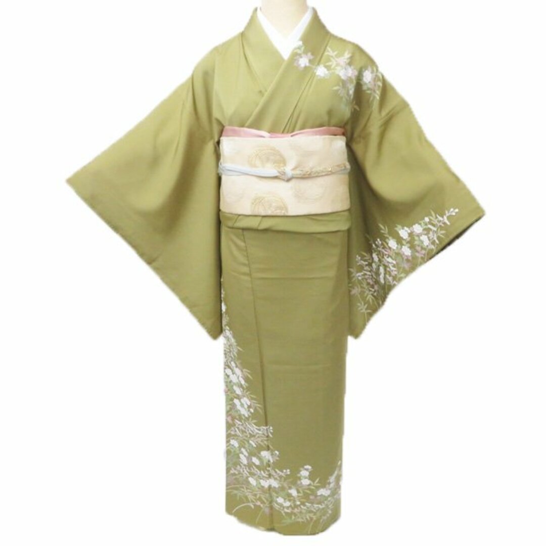 作家物 落款 花の図 青朽葉色 トール 着物 訪問着 A771-4 L【中古】の