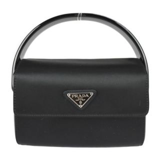 プラダ(PRADA)のPRADA プラダ   ハンドバッグ  サテン  カーフレザー ブラック   ミニバッグ パーティバッグ バニティ プラハンドル 三角ロゴプレート 希少 レア 【本物保証】(ハンドバッグ)