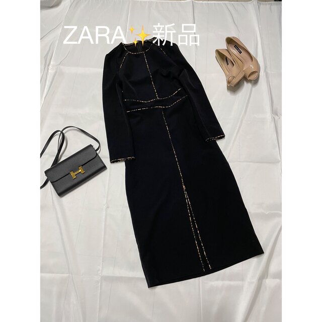 ZARA(ザラ)の新品✨ZARA BASIC ブラック　ワンピース　レオパード レディースのワンピース(ひざ丈ワンピース)の商品写真
