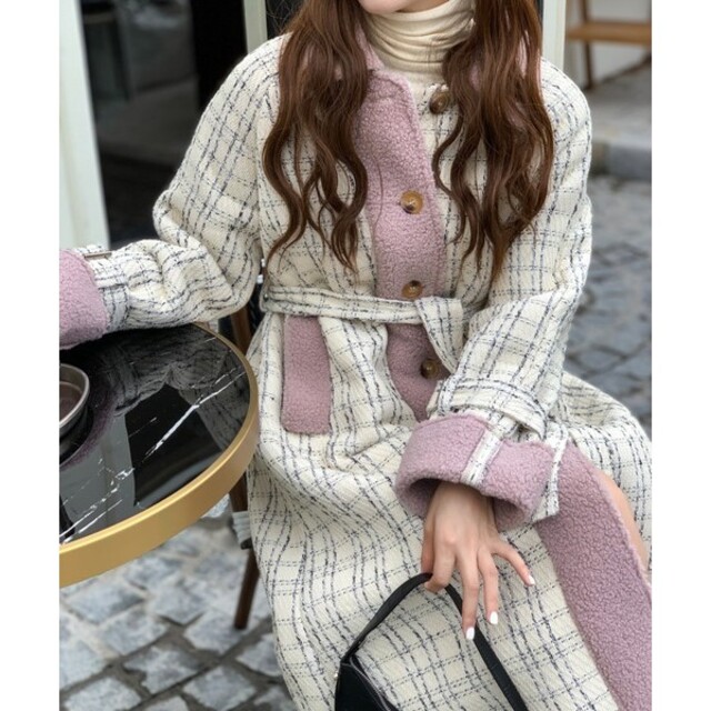 お洒落★大人カワイイ♡ボアチェック柄チェスターコートロング M ホワイト×ピンク 4