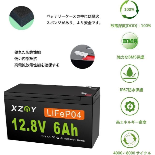 XZNY 12V 6Ah リン酸鉄リチウムイオンバッテリー12V LiFePO4の通販 by