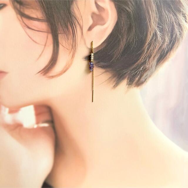 14kgf 宝石質AAAタンザナイトチップと淡水パールのアメリカンチェーンピアス