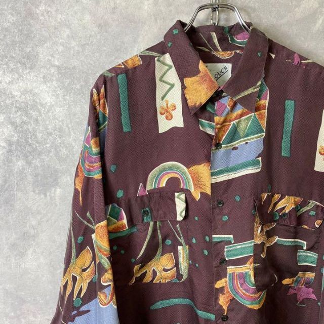 ビンテージ総柄デザインシルクシャツ 90s パープル 紫 アート
