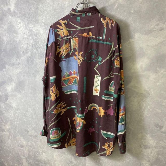 ビンテージ総柄デザインシルクシャツ 90s パープル 紫 アート