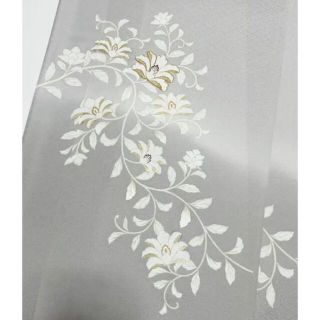 特選手描き京友禅付下げ【金駒刺繍・金箔◇更紗唐草】白鼠色 シルバー