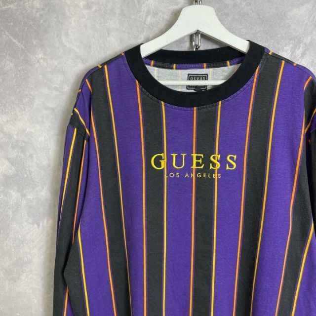 GUESS(ゲス)のguess 90s 長袖Tシャツ ロンT ストライプ 紫 黒 金 刺繍 メンズのトップス(Tシャツ/カットソー(七分/長袖))の商品写真