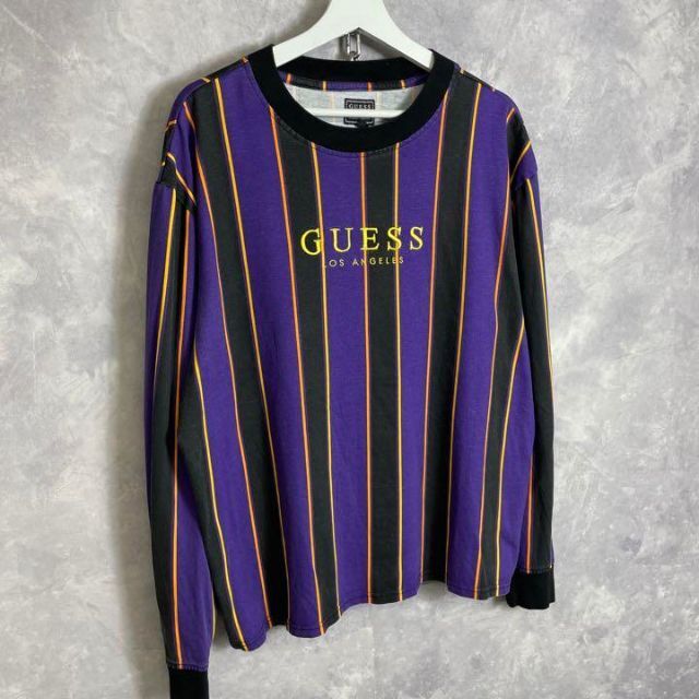 GUESS(ゲス)のguess 90s 長袖Tシャツ ロンT ストライプ 紫 黒 金 刺繍 メンズのトップス(Tシャツ/カットソー(七分/長袖))の商品写真