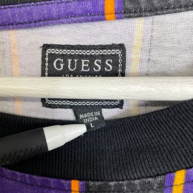 GUESS(ゲス)のguess 90s 長袖Tシャツ ロンT ストライプ 紫 黒 金 刺繍 メンズのトップス(Tシャツ/カットソー(七分/長袖))の商品写真