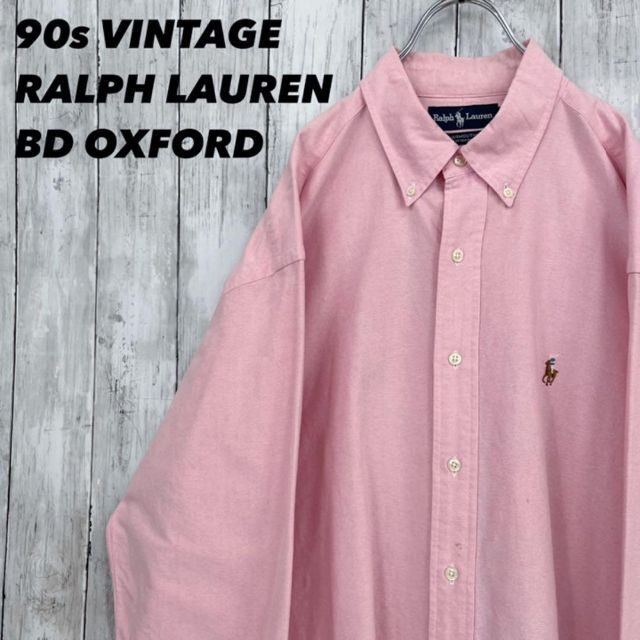 ラルフローレン カラーポロ刺繍ロゴオックスフォードBDシャツサイズL ピンク.