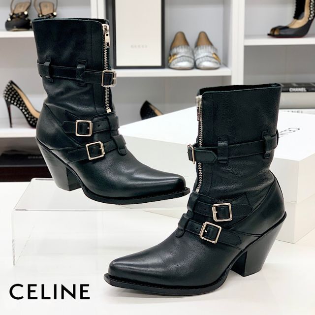 celine - 4230 セリーヌ レザー ベルト ショートブーツ ブラックの通販