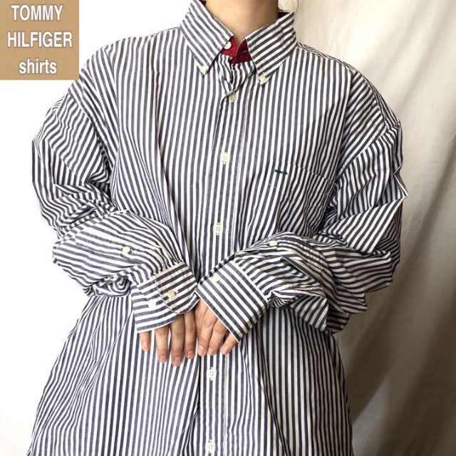 【激レア】トミーヒルフィガー☆刺繍ロゴ入りマルチストライプビッグシャツ 90s