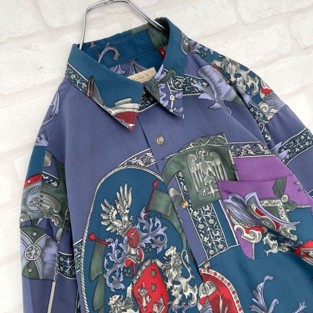 【1点物】ヴィンテージ パープル系 スカーフ ブローチ 総柄 長袖 ポリシャツ