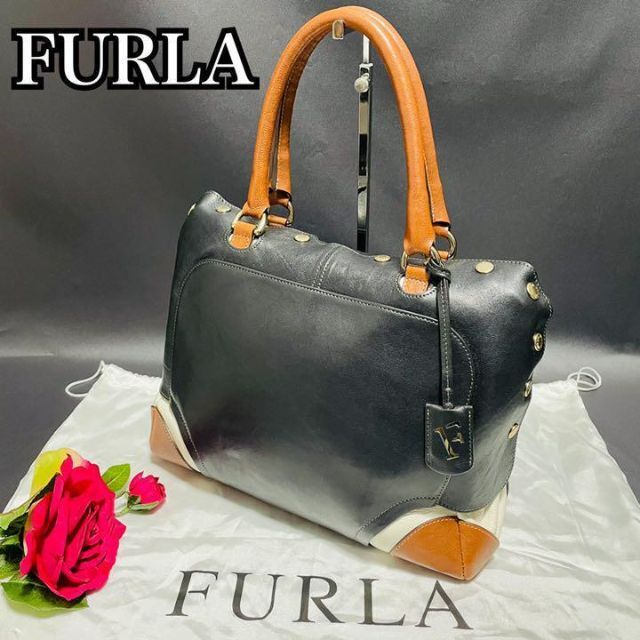 ボストンバッグ【定価６万円】FURLA フルラ レザー ハンドバッグ ボストンバッグ  黒 白