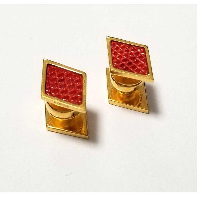 エルメス カフス リザード レザー 革 レッド 金 トライアングル ボタン