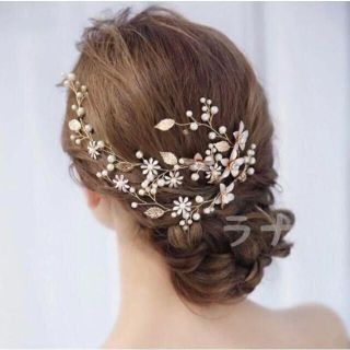 11 ヘアアクセサリー　フラワー　ゴールド　クリスタルリーフ　ヘッドドレス(ヘッドドレス/ドレス)