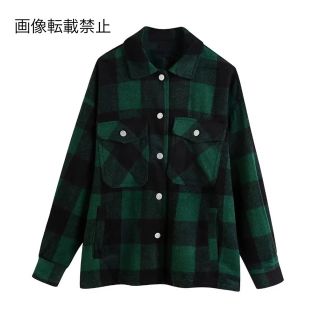 🍬10月新作🍭9436◆green チェック柄 シャツジャケット(ノーカラージャケット)