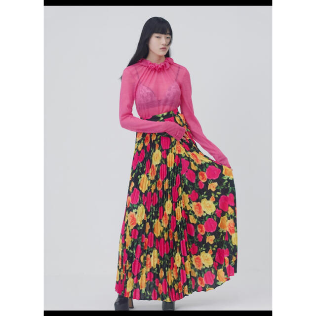 ロングスカートfetico_Floral Print Satin Pleated Skirt