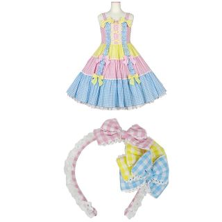 アンジェリックプリティー(Angelic Pretty)の【限界お値下げ】ギンガム配色肩リボンジャンパースカート＆ぷくぷくリボンカチュ(ひざ丈ワンピース)