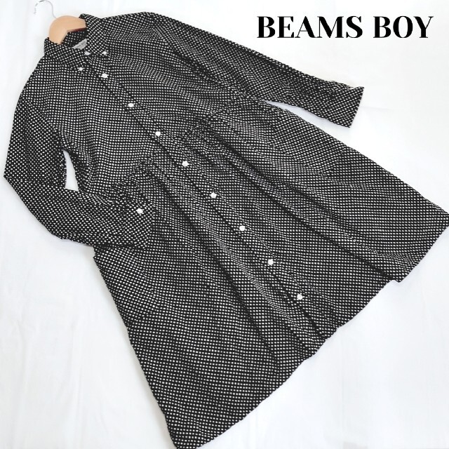 BEAMS BOY(ビームスボーイ)のビームスボーイ シャツワンピース ひざ丈 ギャザー コーデュロイ ドット 黒 レディースのワンピース(ひざ丈ワンピース)の商品写真