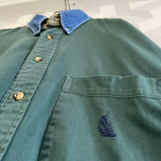 【90s ノーティカ】サイズLデニム襟半袖刺繍 ビッグシャツ 緑 nautica 3