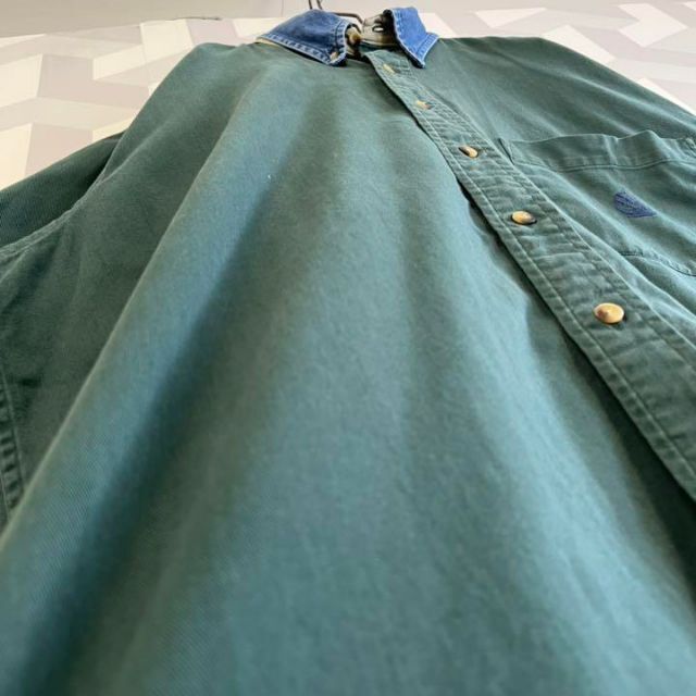 【90s ノーティカ】サイズLデニム襟半袖刺繍 ビッグシャツ 緑 nautica 4