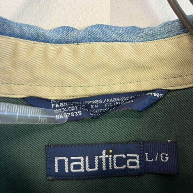 【90s ノーティカ】サイズLデニム襟半袖刺繍 ビッグシャツ 緑 nautica 5