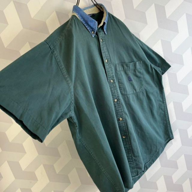 【90s ノーティカ】サイズLデニム襟半袖刺繍 ビッグシャツ 緑 nautica 6