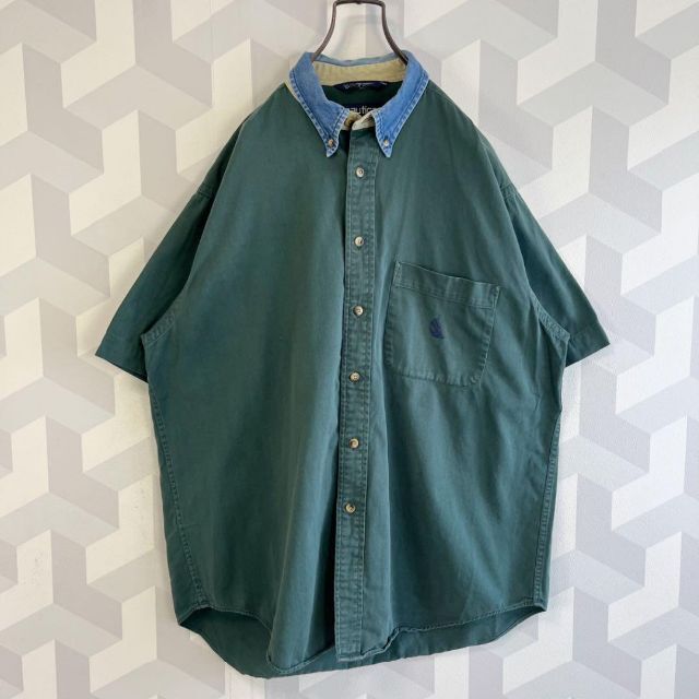 【90s ノーティカ】サイズLデニム襟半袖刺繍 ビッグシャツ 緑 nautica 8