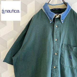 ノーティカ(NAUTICA)の【90s ノーティカ】サイズLデニム襟半袖刺繍 ビッグシャツ 緑 nautica(シャツ)