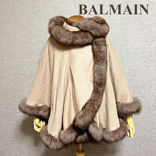 未使用 BALMAIN ケープ ポンチョ フォックスファー カシミヤ タグ付き